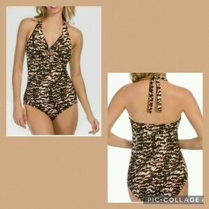 NWT Aqua Green Brown Animal Print High Back Low Thigh 1 Piece Swimsuit Medium